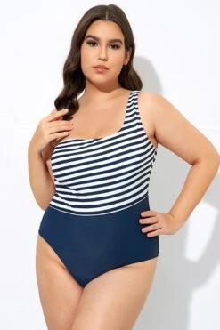 Blue And White Stripe One Shoulder One Piece Swimsuit -Bikini Bliss Shop dsc08087