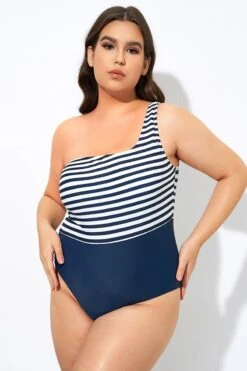 Blue And White Stripe One Shoulder One Piece Swimsuit -Bikini Bliss Shop dsc08098