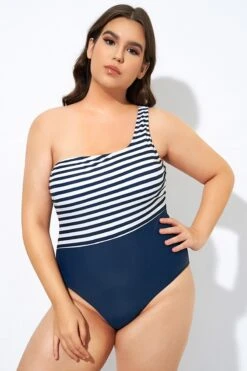Blue And White Stripe One Shoulder One Piece Swimsuit -Bikini Bliss Shop dsc08103