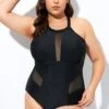 Black High Neck Plunge Mesh Cutout One Piece Swimsuit