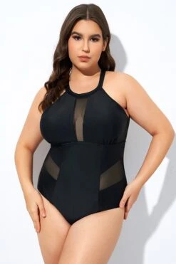 Black High Neck Plunge Mesh Cutout One Piece Swimsuit -Bikini Bliss Shop dsc08132