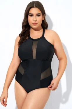 Black High Neck Plunge Mesh Cutout One Piece Swimsuit -Bikini Bliss Shop dsc08137