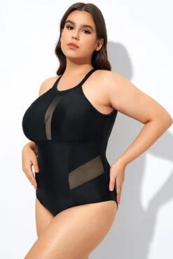 Black High Neck Plunge Mesh Cutout One Piece Swimsuit -Bikini Bliss Shop dsc08162