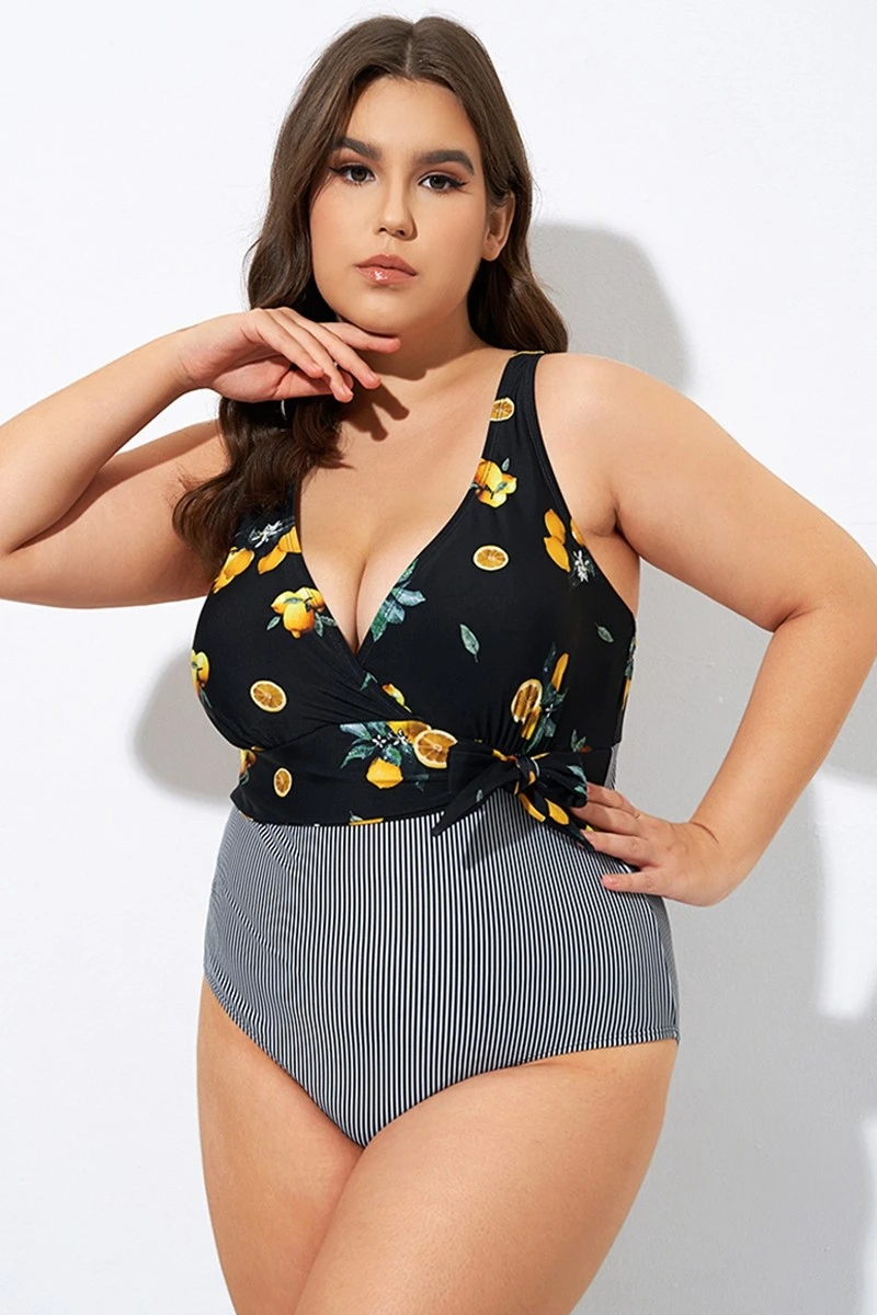 Lemon Stripes Print Front Lining One Piece Swimsuit 4 Lemon Stripes Print Front Lining One Piece Swimsuit - Image 4