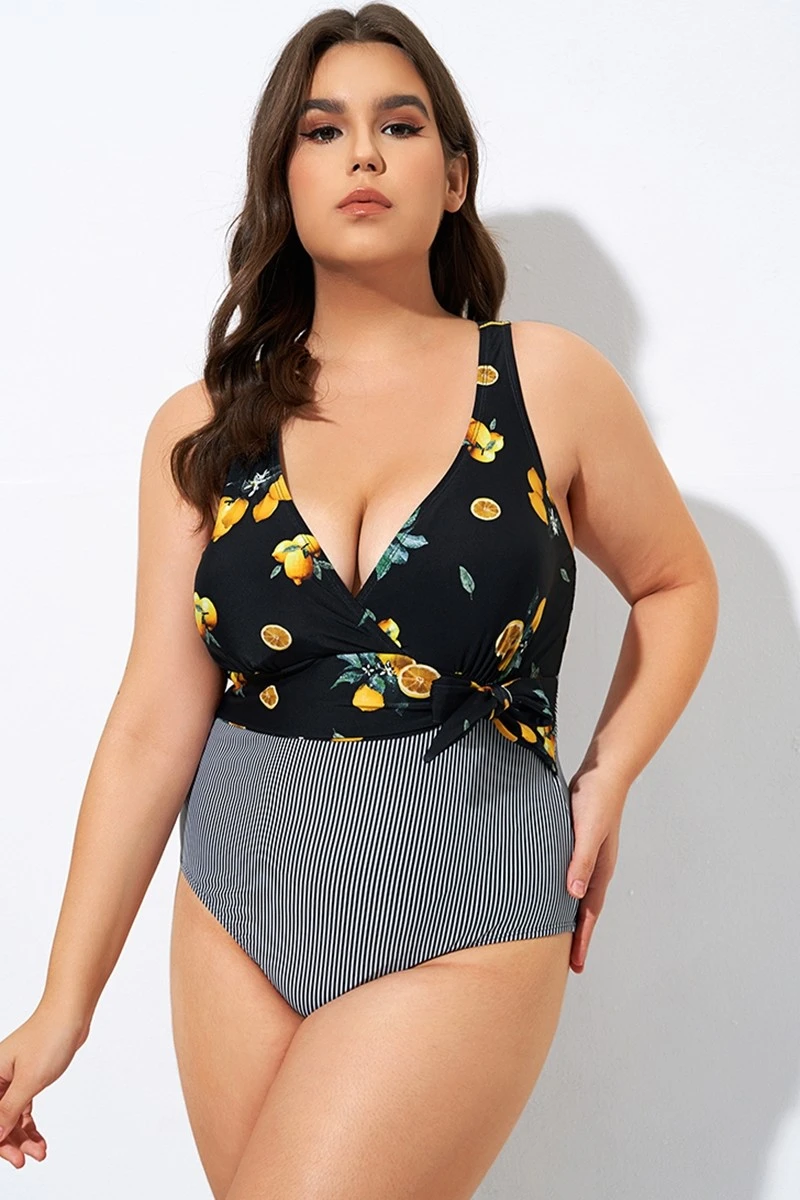 Lemon Stripes Print Front Lining One Piece Swimsuit 5 Lemon Stripes Print Front Lining One Piece Swimsuit - Image 5
