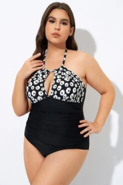 Daisy Print Cutout High Neck One Piece Swimsuit -Bikini Bliss Shop dsc08307
