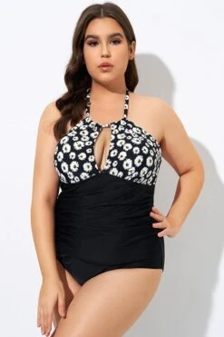 Daisy Print Cutout High Neck One Piece Swimsuit -Bikini Bliss Shop dsc08311