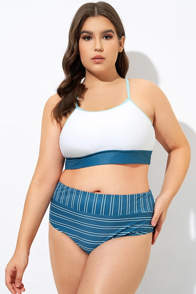 Teal Striped Women Bikini Top