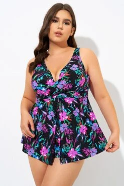 Neon Floral V-neck Twist Unlined Tankini Top -Bikini Bliss Shop dsc09334