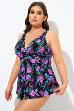 Neon Floral V-neck Twist Unlined Tankini Top -Bikini Bliss Shop dsc09365